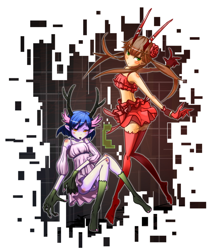 10s, 2girls, antlers, armband, ass, blue_hair, blush, boushi, brown_hair, c_(control), detached_sleeves, dress, flower, frills, green_eyes, head_wings, highres, horns, long_hair, looking_back, mashu, mashu_(control), midriff, miniskirt, multiple_girls, orange_eyes, panties, pantyshot, pointy_ears, q_(control), red_flower, red_rose, rose, short_hair, skirt, thighhighs, underwear, wings