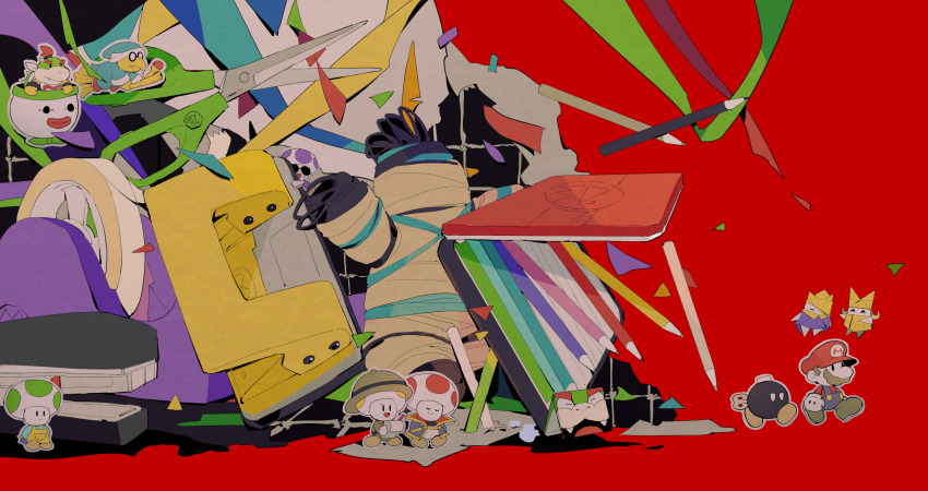 1girl, 4boys, ^_^, apron, arms_behind_back, beak, belt, large_nose