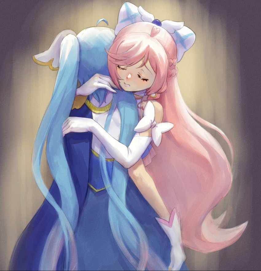 2girls, absurdres, blue_dress, blue_hair, bow, braid, closed_eyes, commentary, crown_braid, cure, cure_prism, cure_sky, dress, earrings, elbow_gloves, frown, glove_bow, gloves, hair_bow, hair_ornament, highres, hirogaru_sky!_precure, hug, jewelry, long_hair, magical_girl, multiple_girls, nijigaoka_mashiro, ookimi_gusoku_mushi, pink_hair, precure, side_braids, sleeveless, sleeveless_dress, sora_harewataru, two-tone_dress, very_long_hair, white_bow, white_dress, white_gloves, wing_hair_ornament