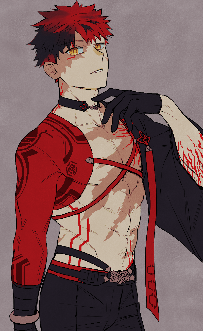 1boy, black_gloves, black_hair, commentary_request, corruption, emiya_shirou, emiya_shirou_(the_one_who_withstood_pain), fate/grand_order