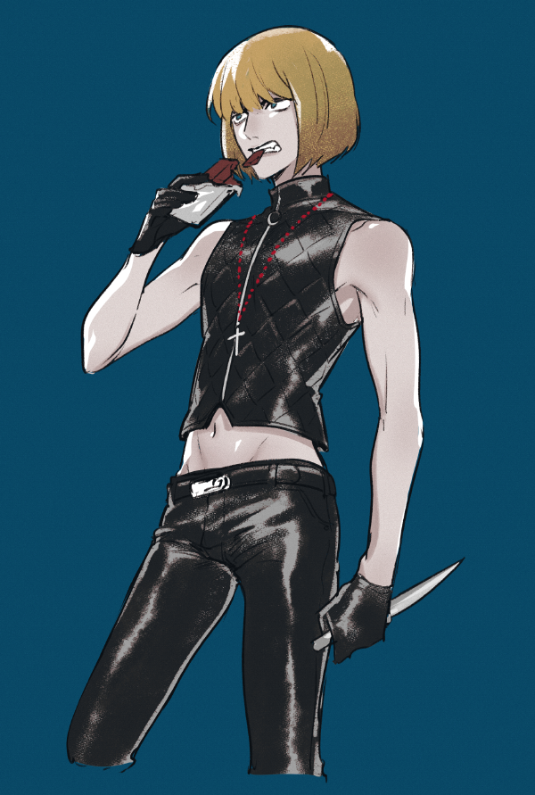 1boy, arm_up, bare_shoulders, belt, belt_buckle, black_belt, black_pants, black_shirt