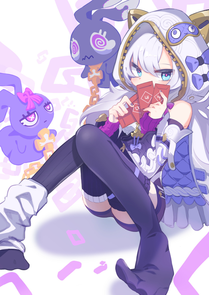 1girl, absurdres, animal_ear_hood, animal_ears, animal_hood, bags_under_eyes, bare_shoulders, blue_eyes, bow, cat_hood, chain, detached_sleeves, doll, fake_animal_ears, full_body, hair_between_eyes, hair_bow, highres, holding, honkai_(series), honkai_impact_3rd, hood, loli, long_hair, meme, pic_p_p, purple_bow, purple_shorts, purple_thighhighs, shorts, simple_background, sitting, sleep_mask, socks_over_thighhighs, solo, teri_derp_(meme), theresa_apocalypse, theresa_apocalypse_(schicksal's_imperative), thighhighs, white_background, white_hair, white_hood, white_sleeves