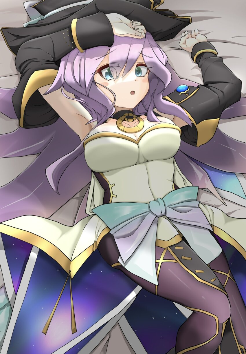 1girl, arm_up, armpits, black_sleeves, blush, bow, bowtie, breasts