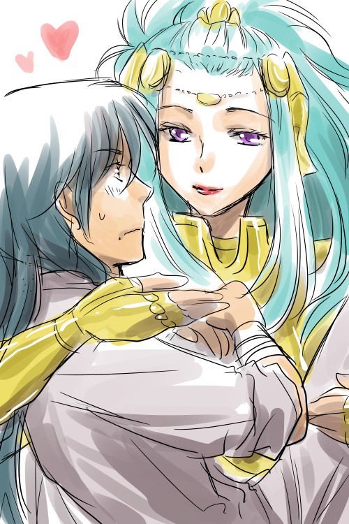 1boy, 1girl, armor, assertive_female, bandaged_arm, bandages, black_hair, blue_hair