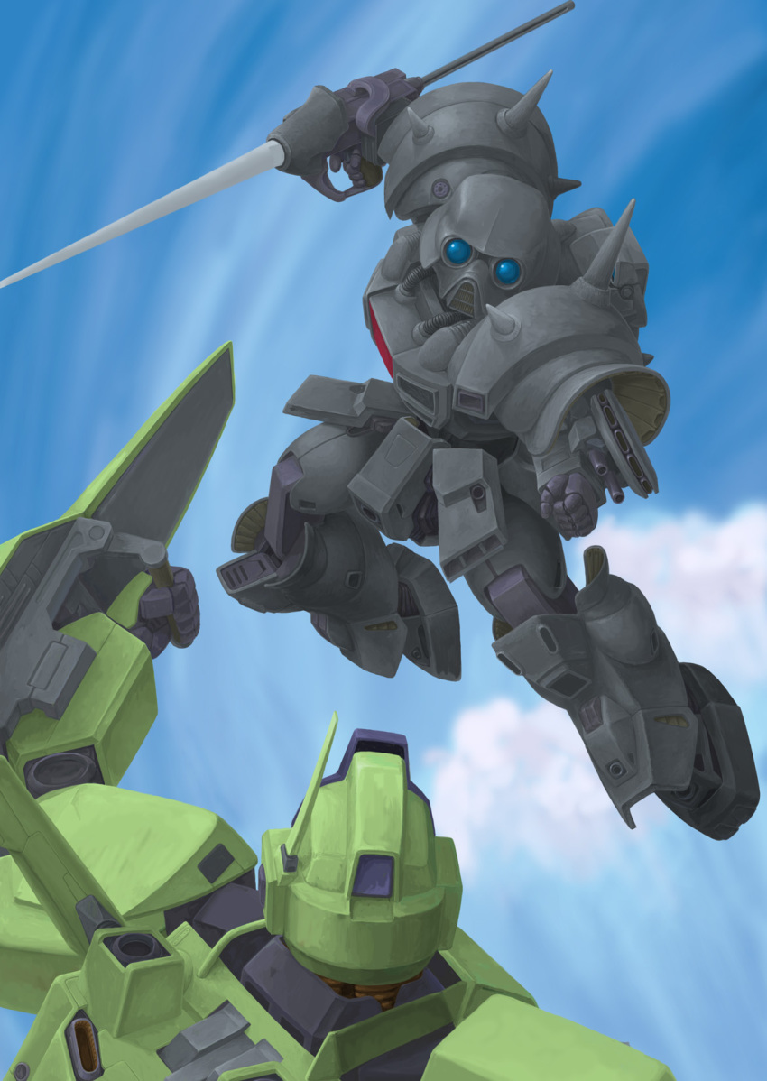 arm_cannon, battle, cable, cloud, cloudy_sky, commentary_request, crossbone_vanguard, den'an_zon