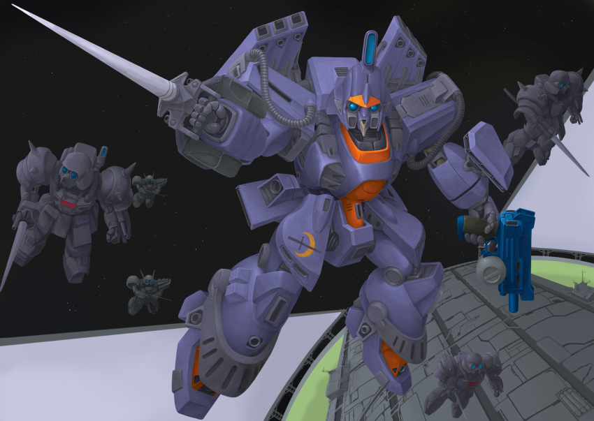 beam_rifle, berga_giros, cable, commentary_request, crossbone_vanguard, den'an_gei, den'an_zon, energy_gun, exposed_internal_machinery, gundam, gundam_f91, gunlance, highres, machinery, mecha, mecha_focus, mobile_suit, no_humans, o'neill_cylinder, robot, science_fiction, shield, shoulder_spikes, space_habitat, spikes, volkov-1953, weapon