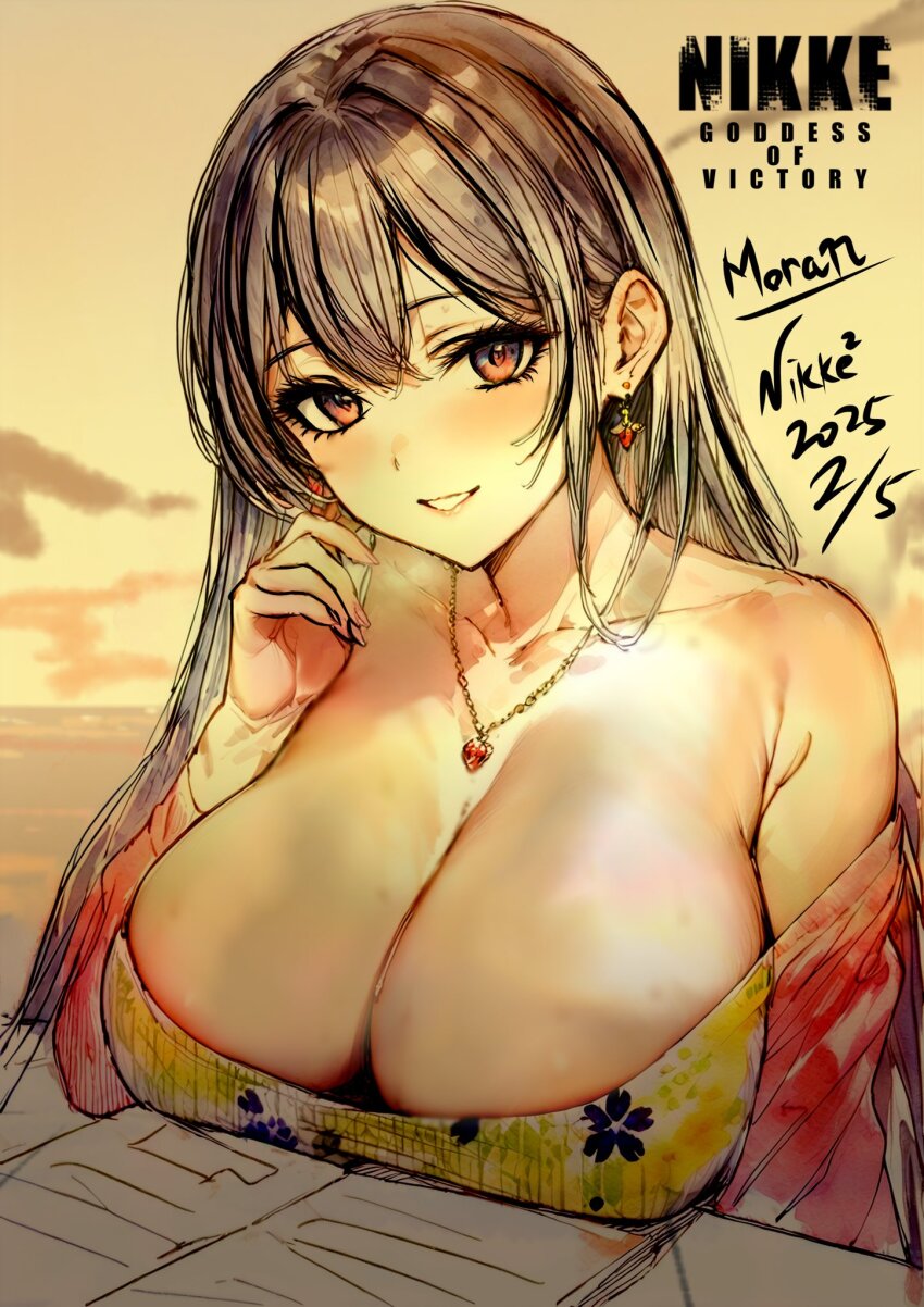 alternate_costume, black_hair, breasts, character_name, cleavage, collarbone, copyright_name, earrings, goddess_of_victory:_nikke, heart, heart_necklace, highres, jewelry, large_breasts, moran_(nikke), multicolored_eyes, necklace, nikke_nikke2nd, off_shoulder, smile, two-tone_eyes, upper_body
