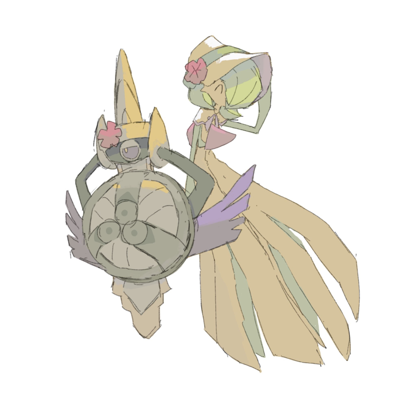 1girl, ^_^, adjusting_clothes, adjusting_headwear, aegislash, arm_at_side, arm_up, black_sclera