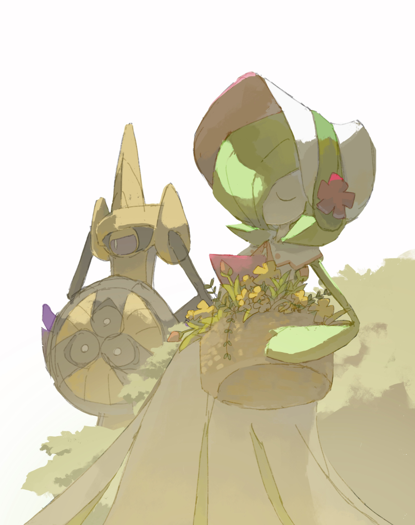 1girl, absurdres, aegislash, basket, black_sclera, bob_cut, bonnet, bright_pupils