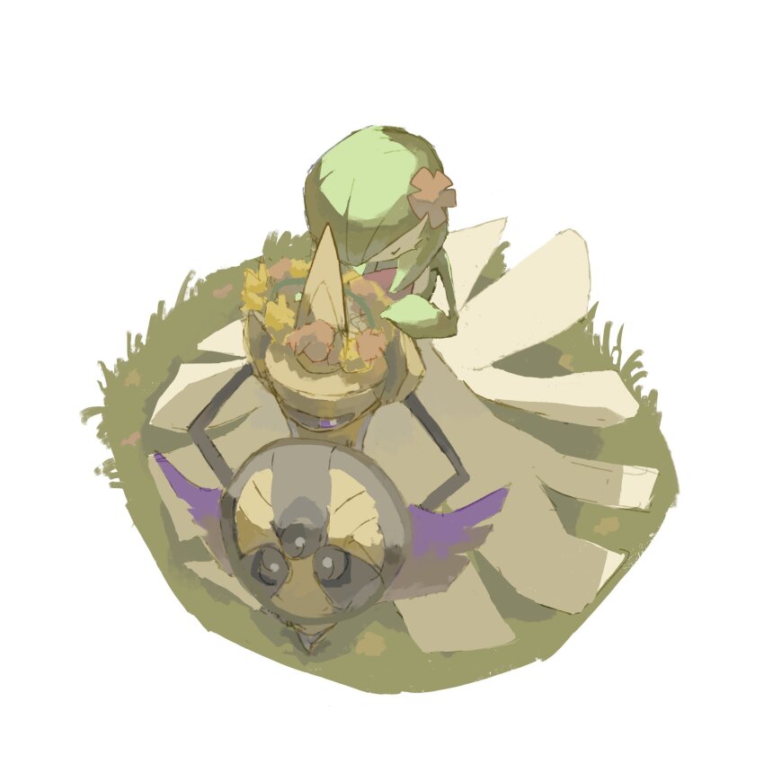 aegislash, bob_cut, closed_eyes, colored_skin, dress, flower, flower_wreath, gardevoir, gen_3_pokemon, gen_6_pokemon, grass, green_hair, green_skin, hair_flower, hair_ornament, highres, holding, holding_shield, multicolored_skin, napopo, nintendo, on_ground, one-eyed, pokemon, pokemon_(creature), purple_eyes, shield, sword, two-tone_skin, weapon, white_dress, white_skin