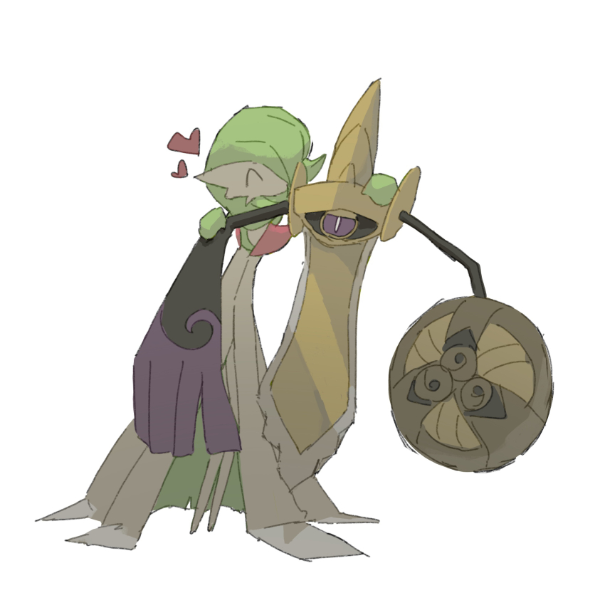 1girl, ^_^, aegislash, black_sclera, bob_cut, bright_pupils, closed_eyes, colored_sclera, colored_skin, flat_chest, floating, full_body, gardevoir, gen_3_pokemon, gen_6_pokemon, green_hair, green_skin, hair_over_one_eye, half-closed_eyes, hand_on_another's_arm, hand_on_another's_head, hands_up, happy, heart, highres, multicolored_skin, napopo, nintendo, no_mouth, one-eyed, one_eye_covered, pokemon, pokemon_(creature), purple_eyes, shield, short_hair, simple_background, sketch, standing, sword, two-tone_skin, weapon, white_background, white_pupils, white_skin