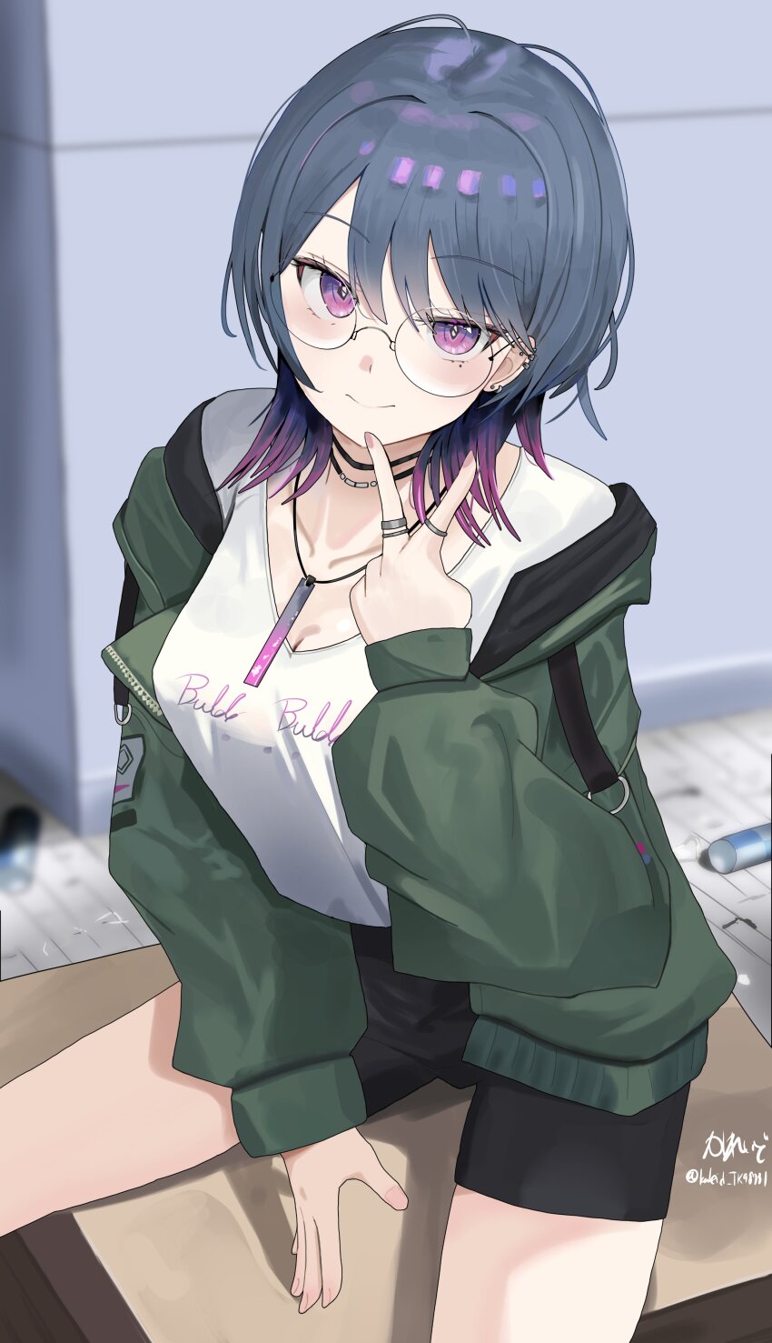1girl, absurdres, black_shorts, blue_eyes, glasses, gradient_hair, green_jacket, highres