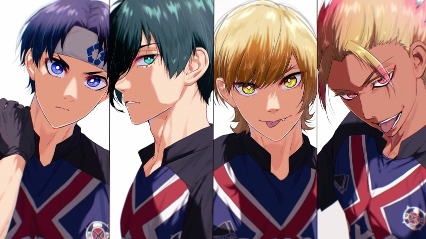 4boys, bl_111252, black_gloves, blonde_hair, blue_eyes, blue_hair, blue_lock, blue_shirt, charles_chevalier, closed_mouth, dark-skinned_male, dark_skin, fang, gloves, green_eyes, green_hair, headband, highres, itoshi_rin, looking_at_viewer, male_focus, multicolored_hair, multiple_boys, nanase_nijirou, pink_eyes, pink_hair, shidou_ryuusei, shirt, simple_background, soccer_uniform, sportswear, tongue, tongue_out, white_background, yellow_eyes