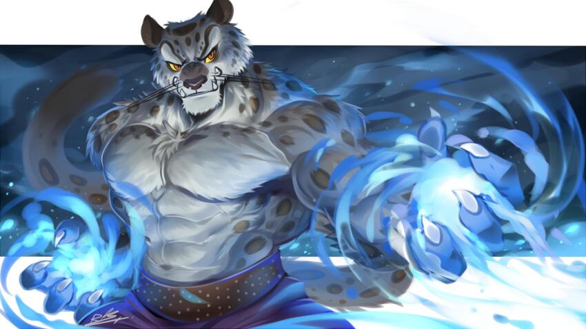 1boy, abs, angry, animal_ears, bara, biceps, blue_fire, border, claws, clenched_teeth, commentary, english_commentary, fangs, fire, flaming_hand, furry, furry_male, grey_fur, highres, kung_fu, kung_fu_panda, looking_to_the_side, male_focus, muscular, muscular_male, navel, pants, purple_pants, rabbity_art, snow_leopard_boy, snow_leopard_ears, snow_leopard_tail, spotted_fur, tai_lung, tail, teeth, topless_male, whiskers, white_border