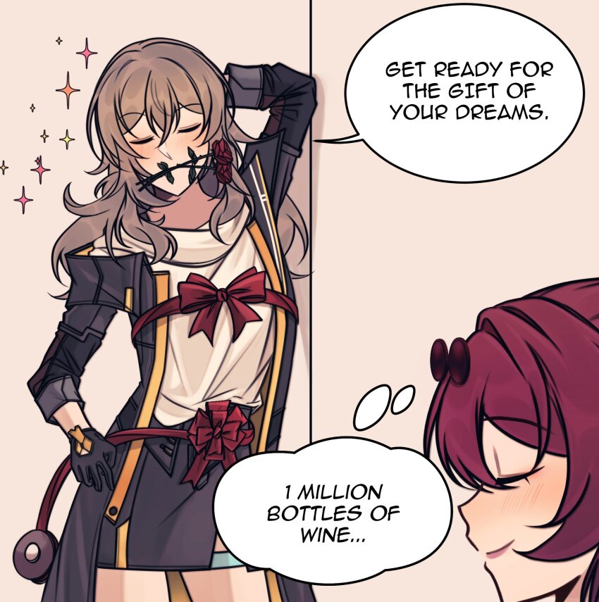 2girls, birdburglar99, black_gloves, black_jacket, black_skirt, blush, bow, bowtie, closed_eyes, closed_mouth, commentary, english_commentary, english_text, eyewear_on_head, flower, flower_in_mouth, gloves, grey_hair, highres, honkai:_star_rail, honkai_(series), jacket, kafka_(honkai:_star_rail), long_hair, long_sleeves, meme, multiple_girls, purple_hair, red_bow, red_bowtie, red_flower, red_ribbon, red_rose, ribbon, rose, shirt, skirt, smile, sparkle, speech_bubble, stelle_(honkai:_star_rail), sunglasses, thought_bubble, trailblazer_(honkai:_star_rail), white_shirt, yuri