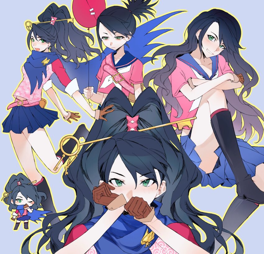 1girl, ace_attorney, ace_attorney_investigations, ace_attorney_investigations:_miles_edgeworth, balloon, black_boots, blue_background, blue_scarf, blue_skirt, boots, border, brown_gloves, gloves, green_eyes, hair_down, high_ponytail, highres, kay_faraday, key_hair_ornament, knee_up, multiple_views, neckerchief, pink_shirt, pleated_skirt, ponytail, richost, sailor_collar, scarf, shirt, skirt, white_neckerchief, yellow_border