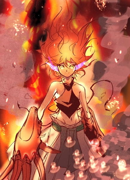 1boy, fire, gauntlets, green_eyes, karakuridoji_ultimo, male_focus, solo, ultimo