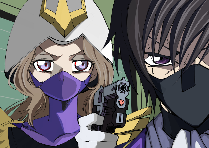 1boy, 1girl, absurdres, black_hair, brother_and_sister, code_geass, company_connection, cosplay, covered_mouth, from_behind, girigiri_(0117), gloves, gun, gundam, gundam_gquuuuuux, handgun, helmet, highres, holding, holding_gun, holding_weapon, kycilia_zabi, kycilia_zabi_(cosplay), lelouch_vi_britannia, long_hair, military_uniform, mobile_suit_gundam, nazuka_kaori, nunnally_vi_britannia, purple_eyes, siblings, standing, sweatdrop, voice_actor_connection, weapon, zeon, zero_(code_geass), zooming_in