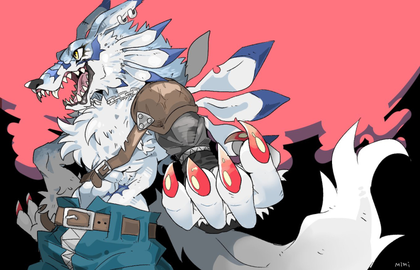 1boy, black_background, blue_fur, blue_pants, body_fur, cowboy_shot, denim, digimon