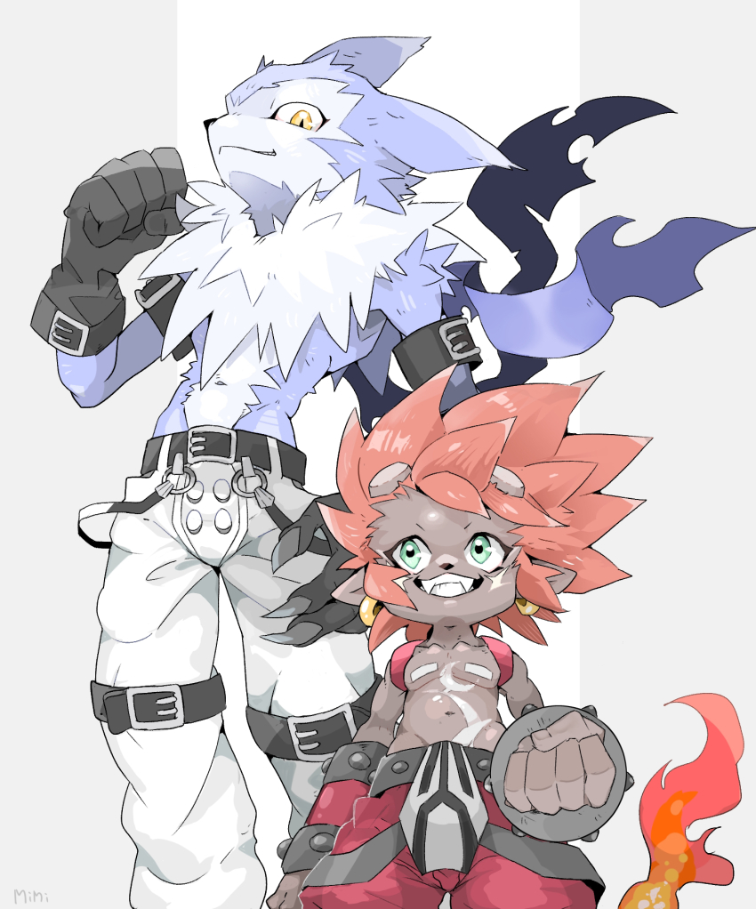 2boys, black_gloves, blue_fur, body_fur, broken_horn, cowboy_shot, dark-skinned_male, dark_skin, digimon, digimon_(creature), digimon_frontier, flamon, furry, furry_male, gloves, green_eyes, grey_background, highres, horns, male_focus, mimi_02525, multiple_boys, pants, pointy_ears, red_hair, red_pants, simple_background, slit_pupils, strabimon, topless_male, white_background, white_pants, yellow_eyes