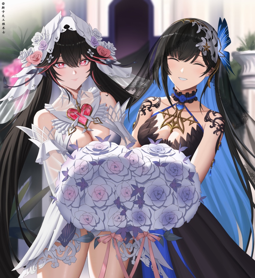 2girls, absurdres, bare_shoulders, black_dress, black_hair, blue_hair, bouquet, breasts