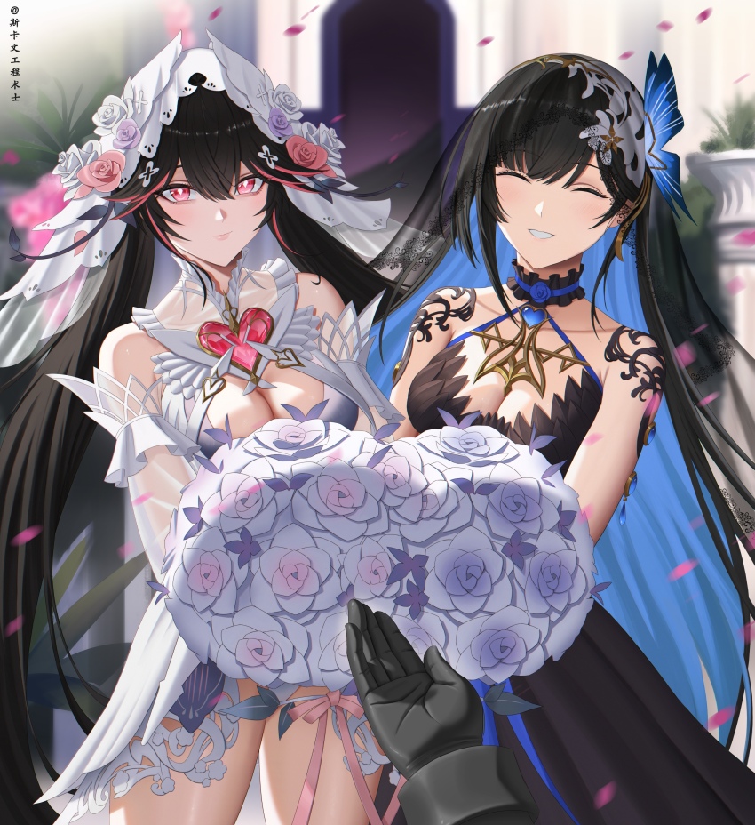 1boy, 2girls, absurdres, bare_shoulders, black_dress, black_hair, blue_hair, bouquet
