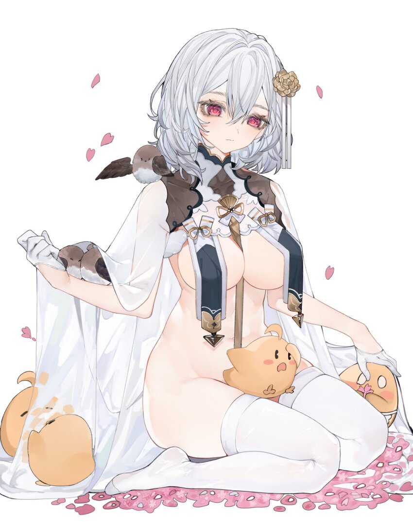 1girl, animal, animal_on_lap, azur_lane, bird, breast_curtains, breasts, closed_mouth, gloves, hair_between_eyes, hair_ornament, highres, large_breasts, looking_at_viewer, manjuu_(azur_lane), no_panties, official_alternate_costume, on_lap, red_eyes, short_hair, simple_background, sirius_(azur_lane), sirius_(azure_horizons)_(azur_lane), sitting, tapioga2, thighhighs, wariza, white_background, white_gloves, white_hair, white_thighhighs