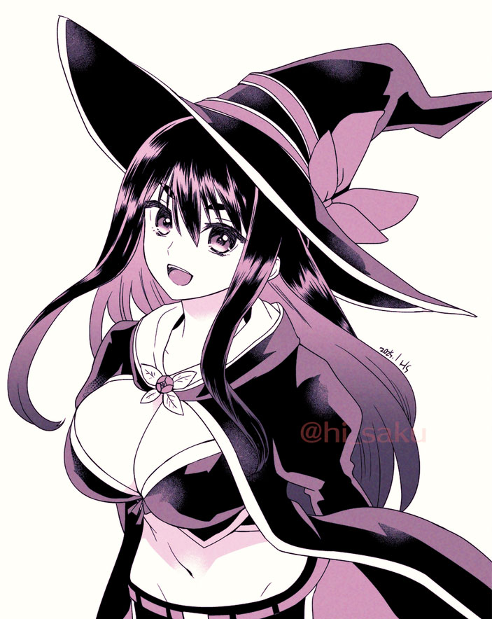 1girl, :d, breasts, cleavage, cloak, hat, hikabe_sakuho, hood, hooded_cloak, yihdra_arvoln, large_breasts, long_hair, looking_at_viewer, midriff, monochrome, navel, open_mouth, purple_theme, revealing_clothes, sentai_red_isekai_de_boukensha_ni_naru, simple_background, smile, solo, vest, witch, witch_hat