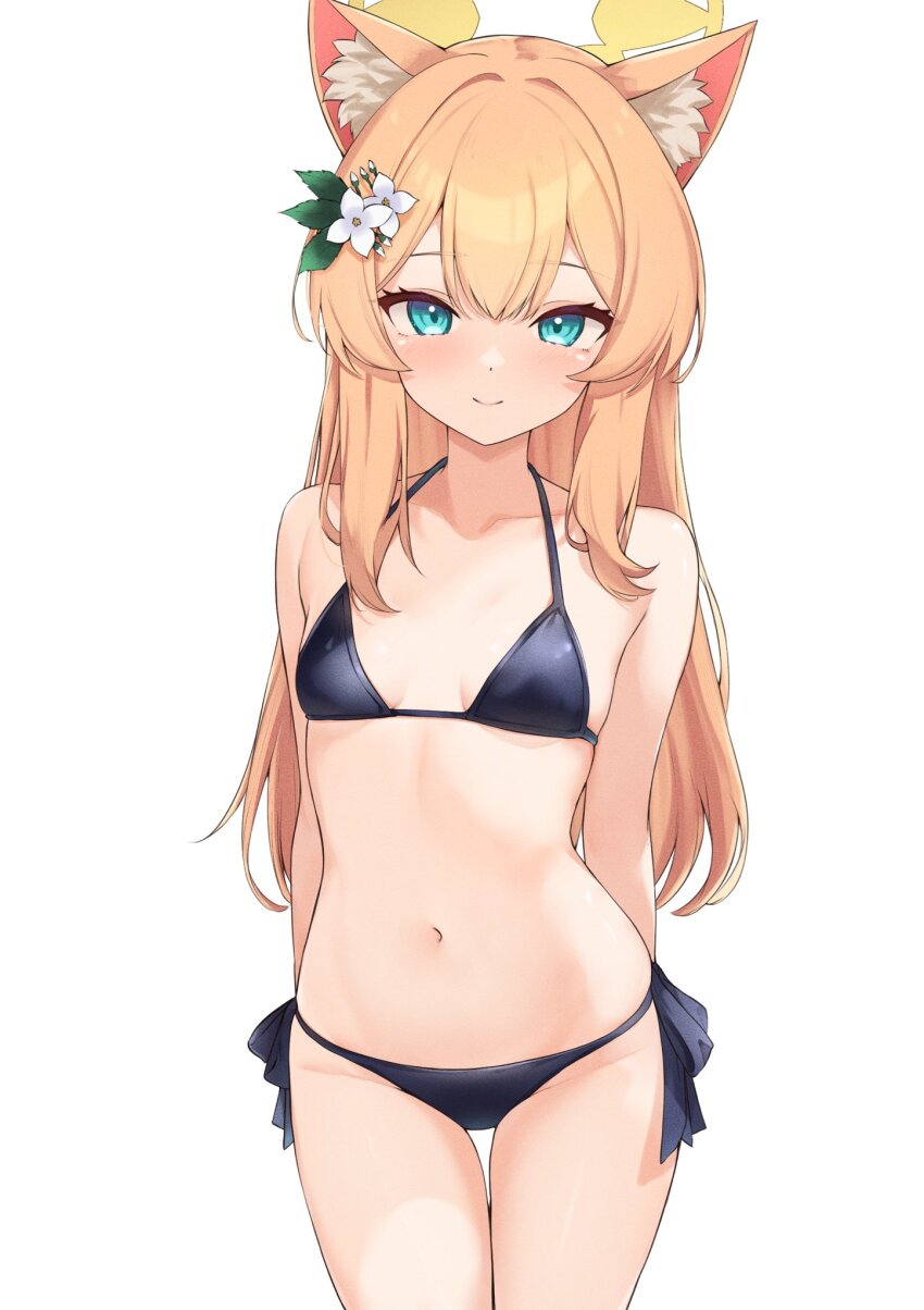 1girl, animal_ear_fluff, aqua_eyes, arms_behind_back, bikini, black_bikini, blonde_hair, blue_archive
