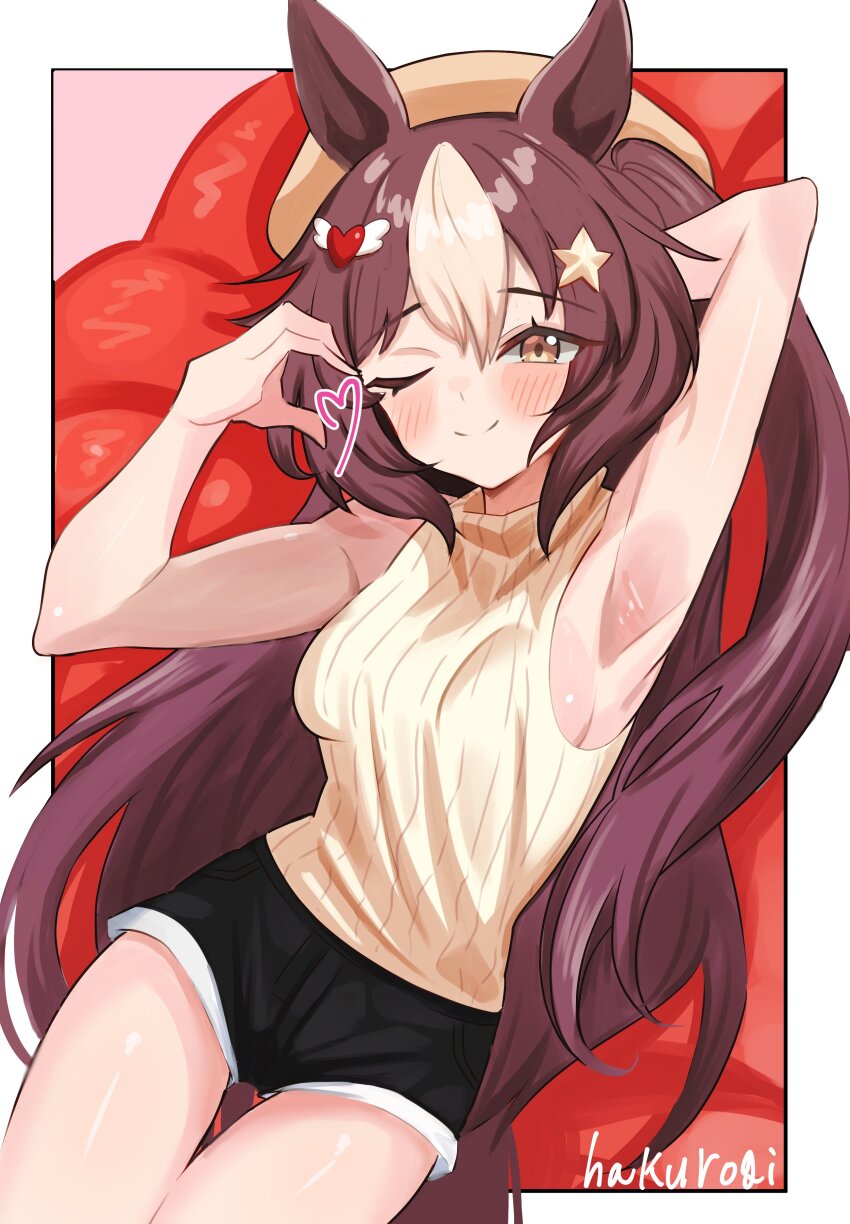1girl, absurdres, alternate_costume, alternate_hairstyle, animal_ears, arm_up, armpits, artist_name, beret, blush, breasts, brown_eyes, brown_hair, casual, closed_mouth, commentary_request, hair_ornament, hakurogi, hat, heart, highres, horse_ears, horse_girl, horse_tail, long_hair, medium_breasts, one_eye_closed, shorts, smile, tail, umamusume, yamanin_zephyr_(sugary_wind)_(umamusume), yamanin_zephyr_(umamusume)