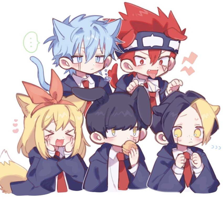 >_<, 1girl, 4boys, animal_ears, black_hair, black_robe, blonde_hair, blue_eyes