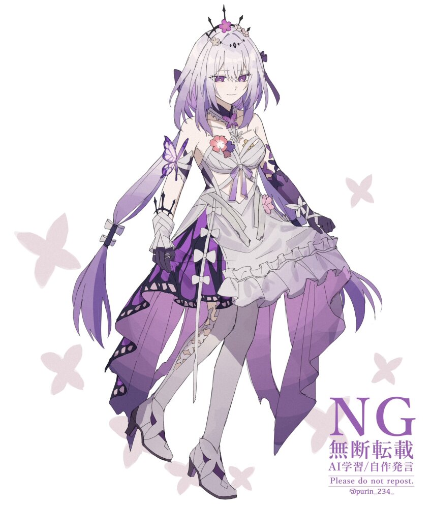 1girl, breasts, bug, butterfly, castorice_(honkai:_star_rail), closed_mouth, crown, dress, full_body, gloves, gradient_hair, highres, honkai:_star_rail, honkai_(series), insect, long_hair, low_twintails, medium_breasts, multicolored_hair, pantyhose, purin_234, purple_butterfly, purple_eyes, purple_gloves, purple_hair, purple_ribbon, ribbon, shoes, solo, twintails, very_long_hair, white_dress, white_hair, white_pantyhose, white_shoes