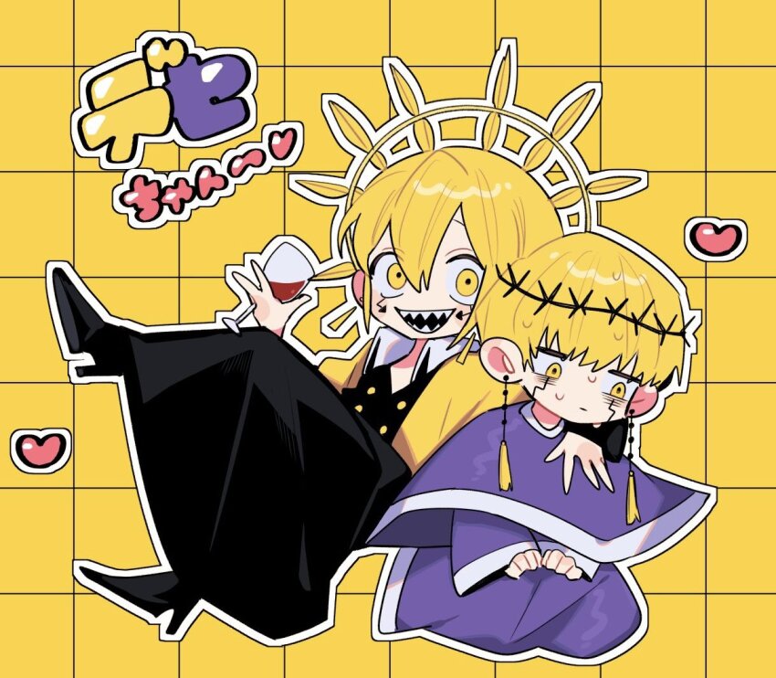 2boys, blonde_hair, capelet, cell_war, collared_shirt, cup, delisaster, drinking_glass