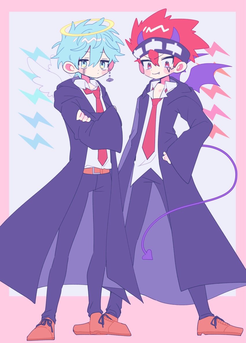 2boys, belt, black_robe, blue_eyes, blue_hair, brown_belt, brown_footwear, collared_shirt