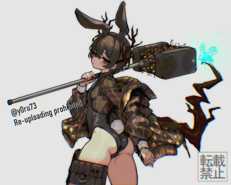 1boy, animal_ears, ass, black_leotard, blue_necktie, brown_jacket, brown_shirt, collared_shirt