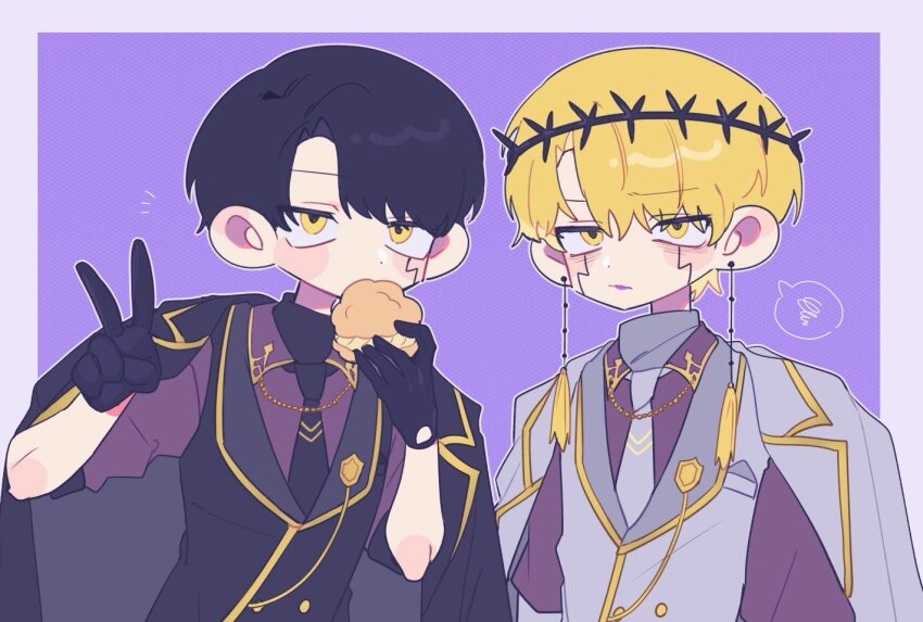 2boys, alternate_costume, black_gloves, black_hair, black_jacket, black_necktie, blonde_hair, cell_war