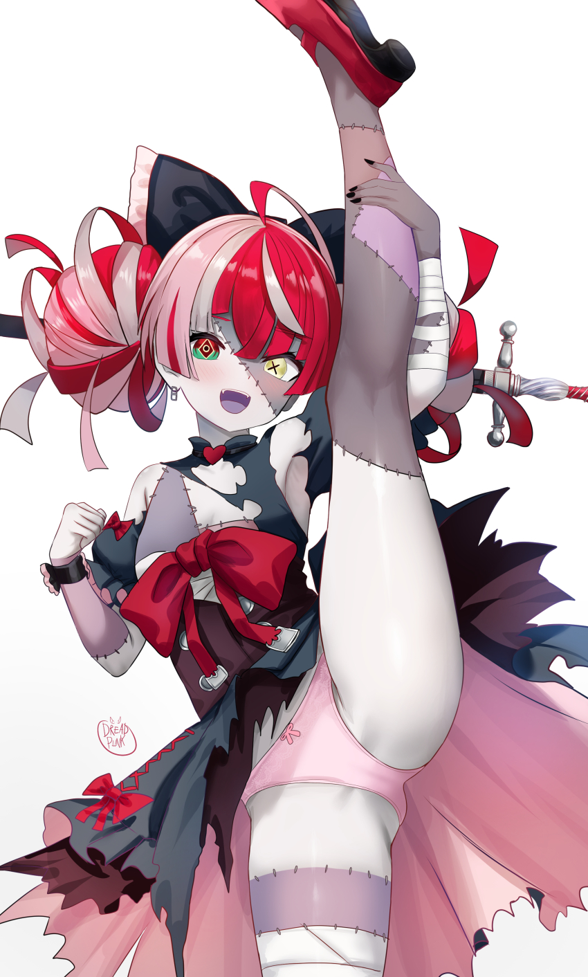 1girl, absurdres, ahoge, bandaged_arm, bandaged_leg, bandages, black_dress, bow