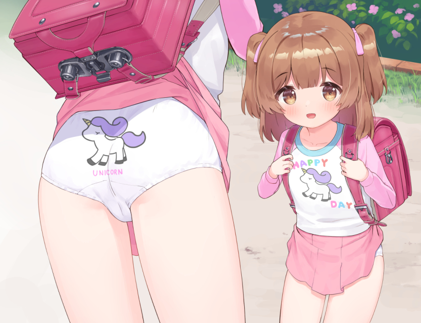 1girl, accidental_exposure, ass, back-print_panties, backpack, bag, blush, brown_eyes