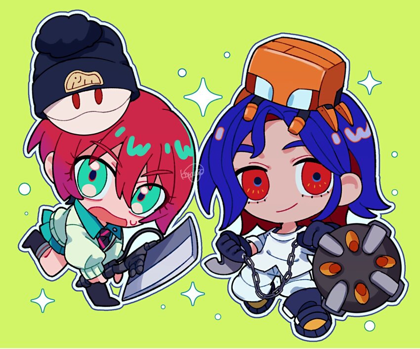 1boy, 1girl, amate_yuzuriha, aqua_eyes, aqua_shirt, aqua_skirt, axe, ball_and_chain_(weapon)