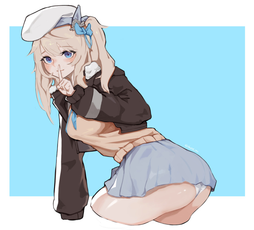 1girl, absurdres, ass, black_jacket, blonde_hair, blue_background, blue_bow, blush