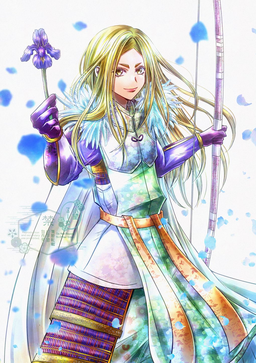 1boy, armor, bow_(weapon), flower, gloves, highres, holding, holding_bow_(weapon), holding_weapon, japanese_armor, kitabatake_akiie, kote, kurokote, kusazuri, long_hair, looking_at_viewer, nige_jouzu_no_wakagimi, runa_(ren_rainfall), shoulder_armor, smile, sode, solo, weapon