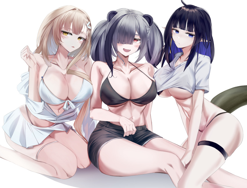 3girls, alternate_costume, animal_ears, arknights, bare_shoulders, bikini, black_bikini, black_hair