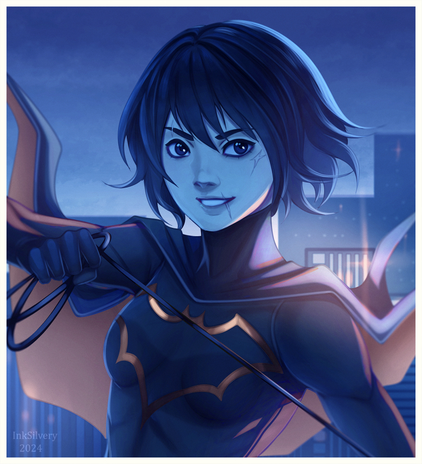 1girl, batgirl, batman_(series), black_bodysuit, black_cape, black_hair, blue_eyes, bodysuit