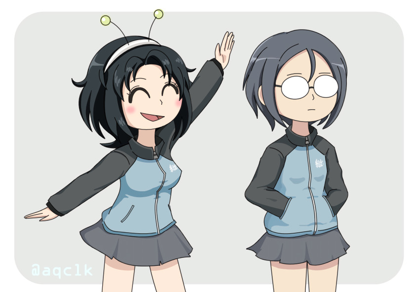 2girls, absurdres, antennae, aqclk, black_hair, blue_jacket, blush, breasts