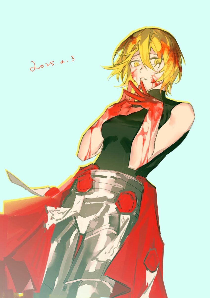 1girl, armor, armored_boots, black_shirt, blonde_hair, blood, blood_in_hair, blood_on_face