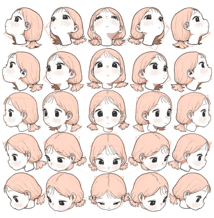 1girl, 25_perspective_box_exercise, absurdres, alternate_hair_length, alternate_hairstyle, bangs_pinned_back, blush, braid, expressionless, forehead, guide, hair_bobbles, hair_bun, hair_ornament, hair_ribbon, hairclip, highres, looking_at_viewer, low_twintails, multiple_expressions, multiple_views, orange_hair, original, ponytail, possummachine, ribbon, short_ponytail, simple_background, twintails, white_background