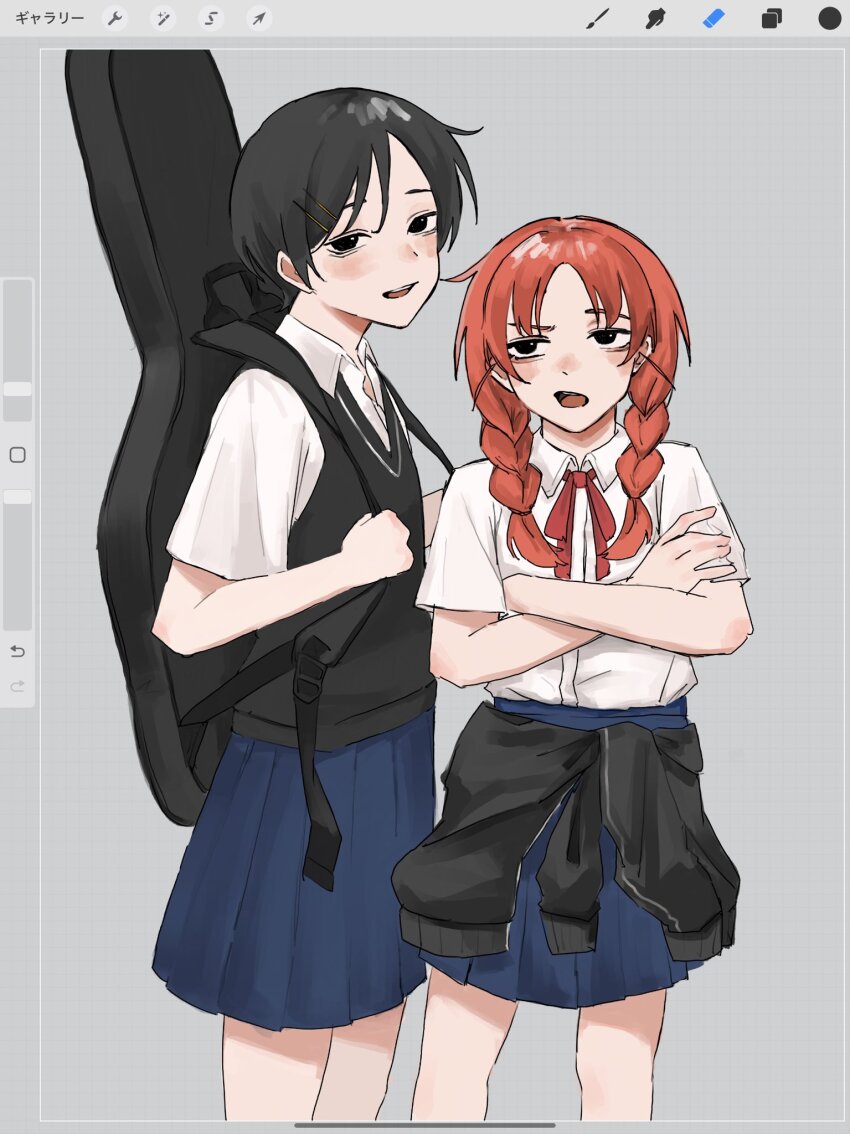 2girls, :o, art_program_in_frame, black_eyes, black_hair, black_jacket, black_sweater_vest, blue_skirt