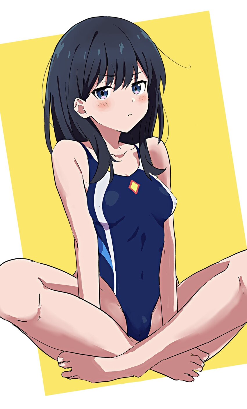 1girl, as_buppa, black_hair, blue_eyes, blue_one-piece_swimsuit, blush, breasts, closed_mouth