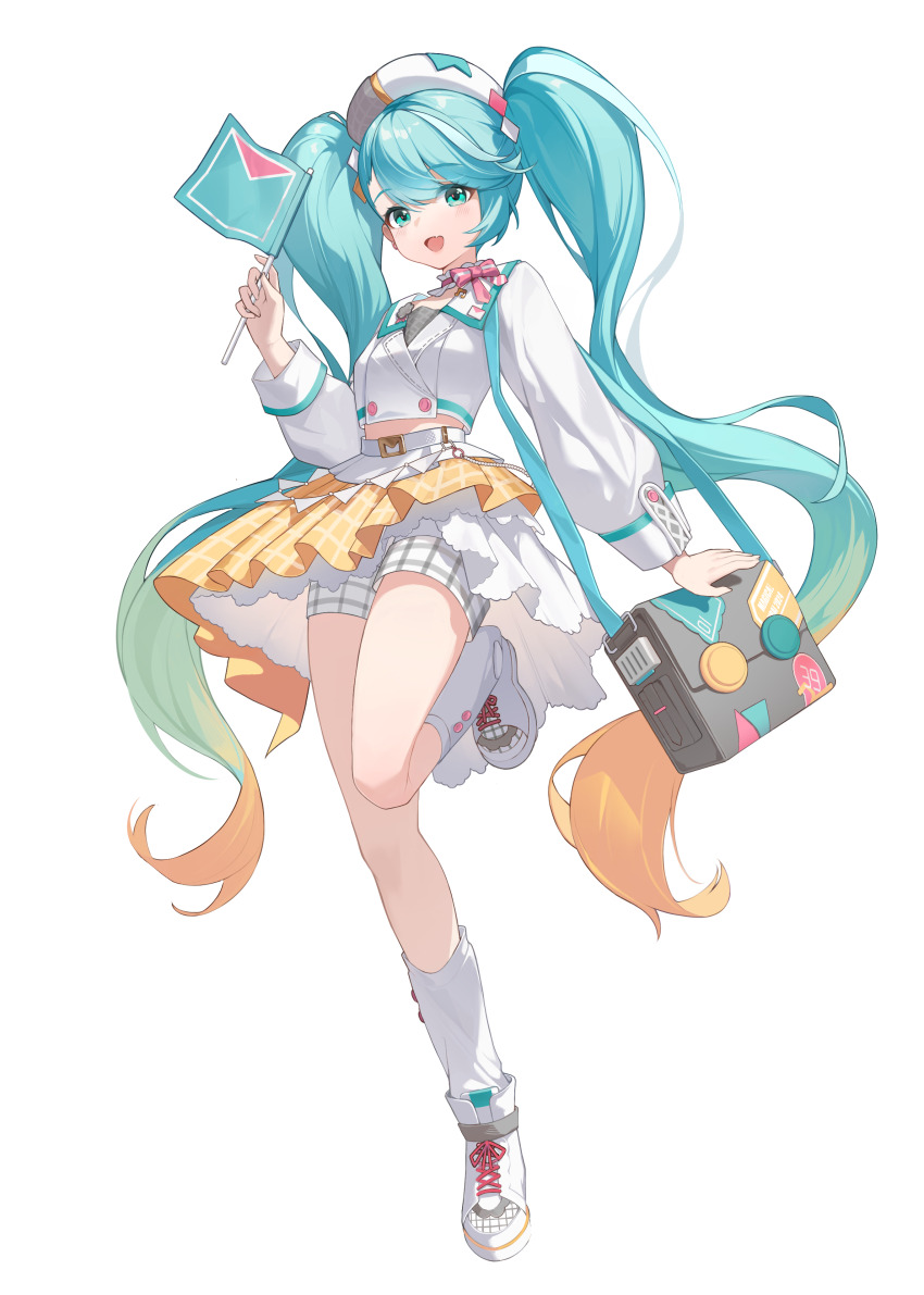1girl, absurdres, aqua_eyes, aqua_hair, bad_anatomy, bad_leg, bag, beret, blonde_hair, bow, bowtie, collar, detached_collar, fang, flag, frilled_collar, frilled_skirt, frills, full_body, gradient_hair, grey_bag, hat, hatsune_miku, highres, holding, holding_flag, jacket, layered_skirt, leg_up, long_sleeves, magical_mirai_(vocaloid), magical_mirai_miku, magical_mirai_miku_(2024), multicolored_hair, open_mouth, pink_bow, pink_bowtie, plaid_clothes, plaid_shorts, shorts, shoulder_bag, skin_fang, skirt, smile, socks, solo, standing, standing_on_one_leg, tachi-e, tooza, transparent_background, twintails, two-tone_skirt, vocaloid, white_collar, white_footwear, white_hat, white_jacket, white_shorts, white_skirt, white_socks, yellow_skirt