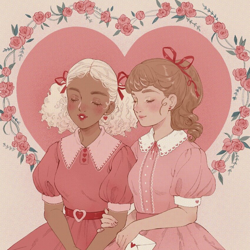 2girls, bare_arms, belt, belt_buckle, blush, brown_background, brown_hair, buckle